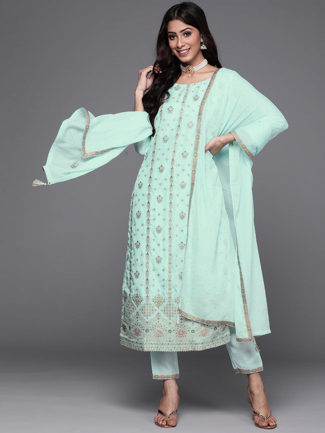 Blue Woven Design Silk Suit Set - ShopLibas