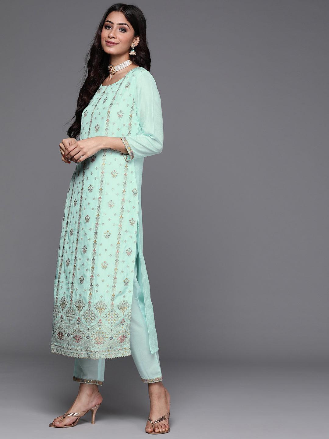 Blue Woven Design Silk Suit Set - ShopLibas