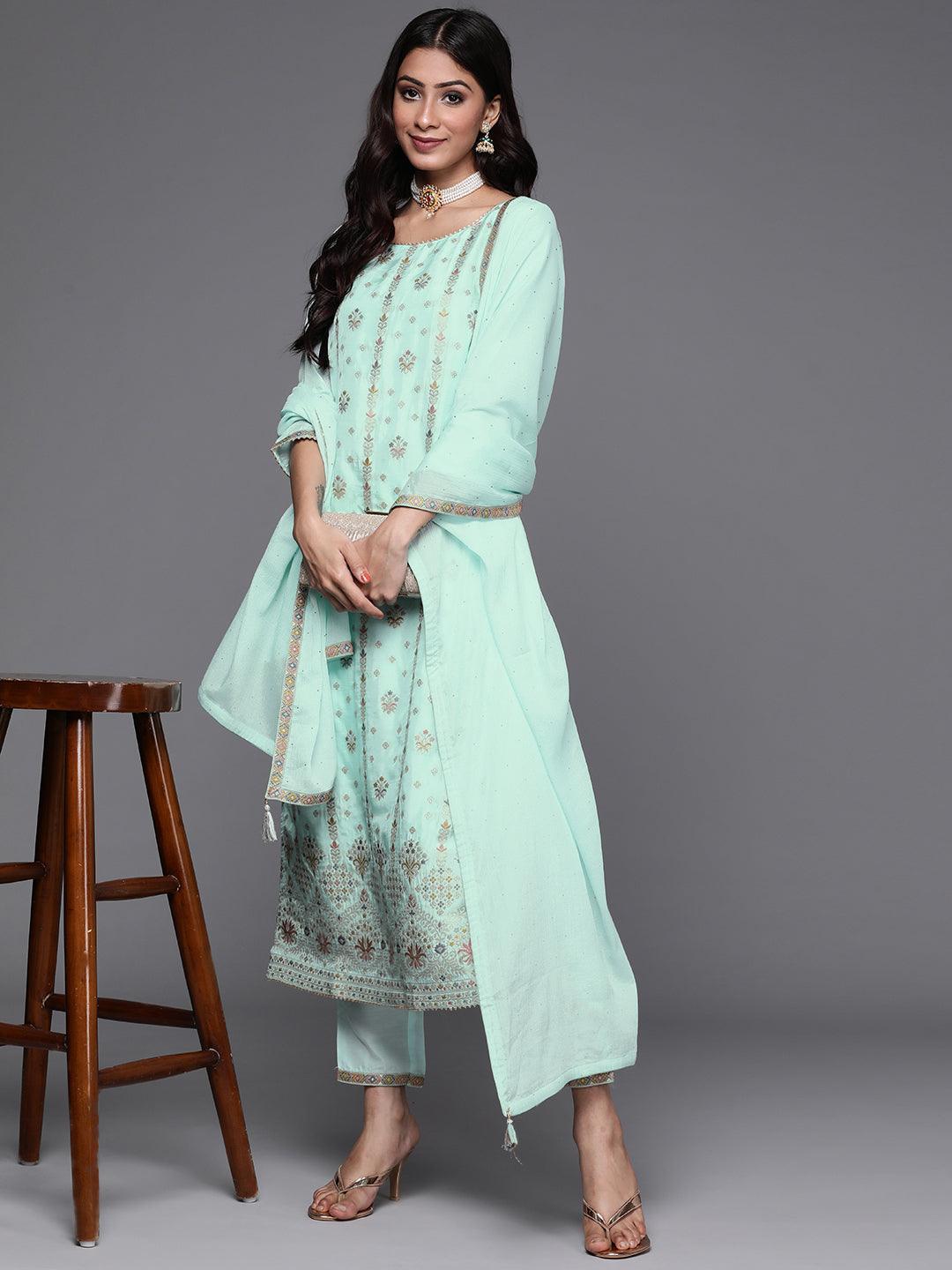 Blue Woven Design Silk Suit Set