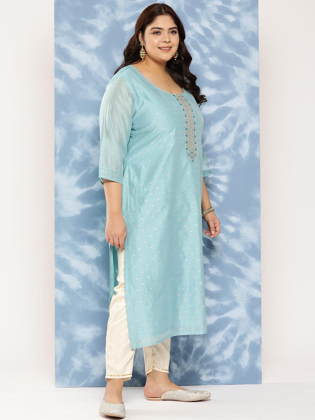 Blue Yoke Design Chanderi Silk Straight Kurta - Libas