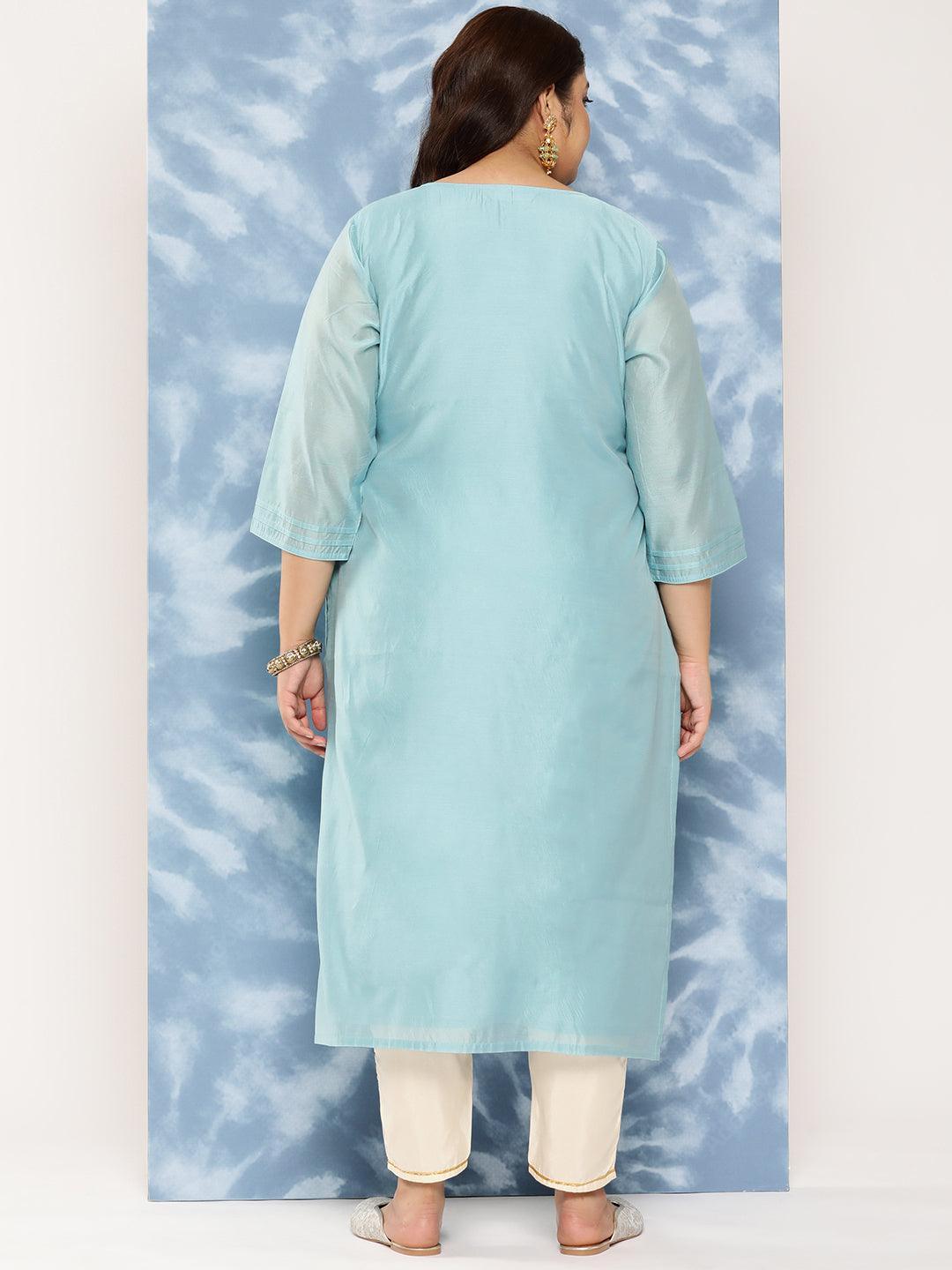 Blue Yoke Design Chanderi Silk Straight Kurta - Libas