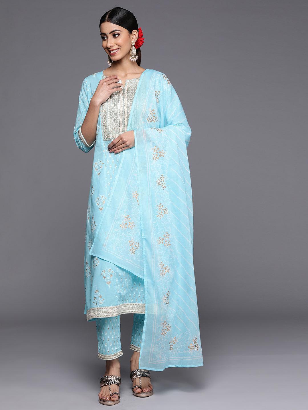 Blue Yoke Design Cotton A-Line Suit Set With Trousers - ShopLibas