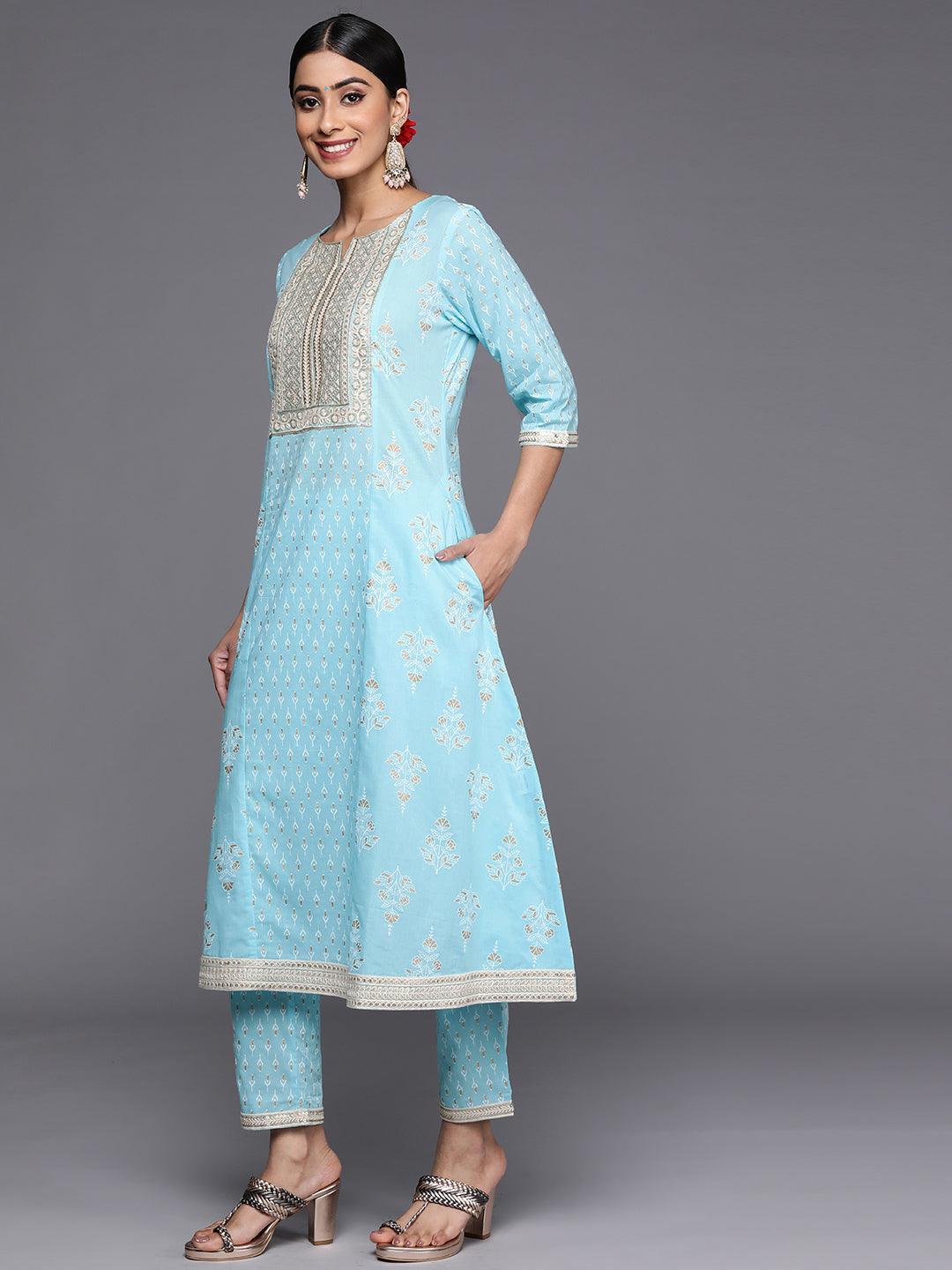 Blue Yoke Design Cotton A-Line Suit Set With Trousers - ShopLibas