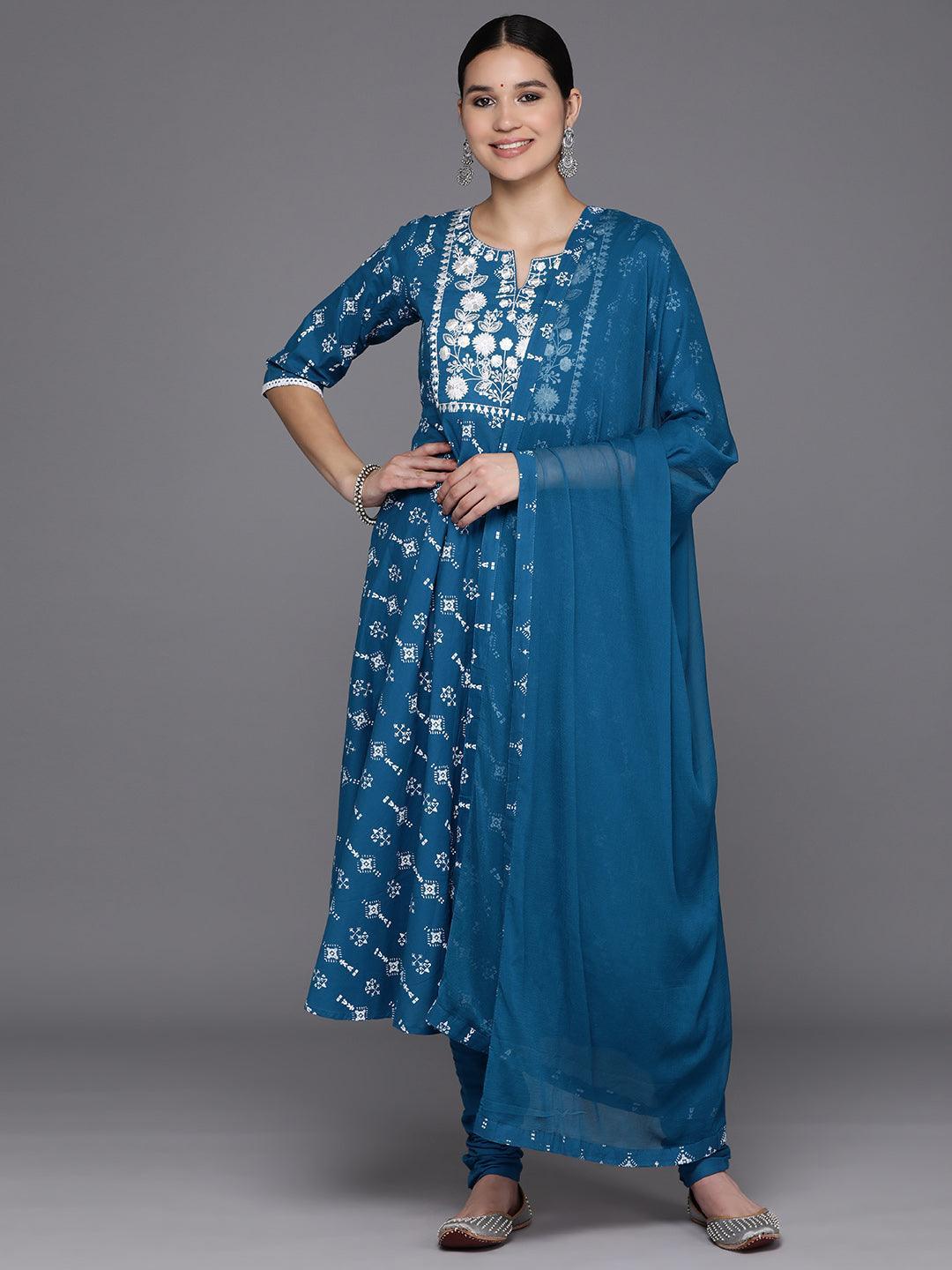 Blue Yoke Design Cotton Anarkali Kurta With Churidar & Dupatta