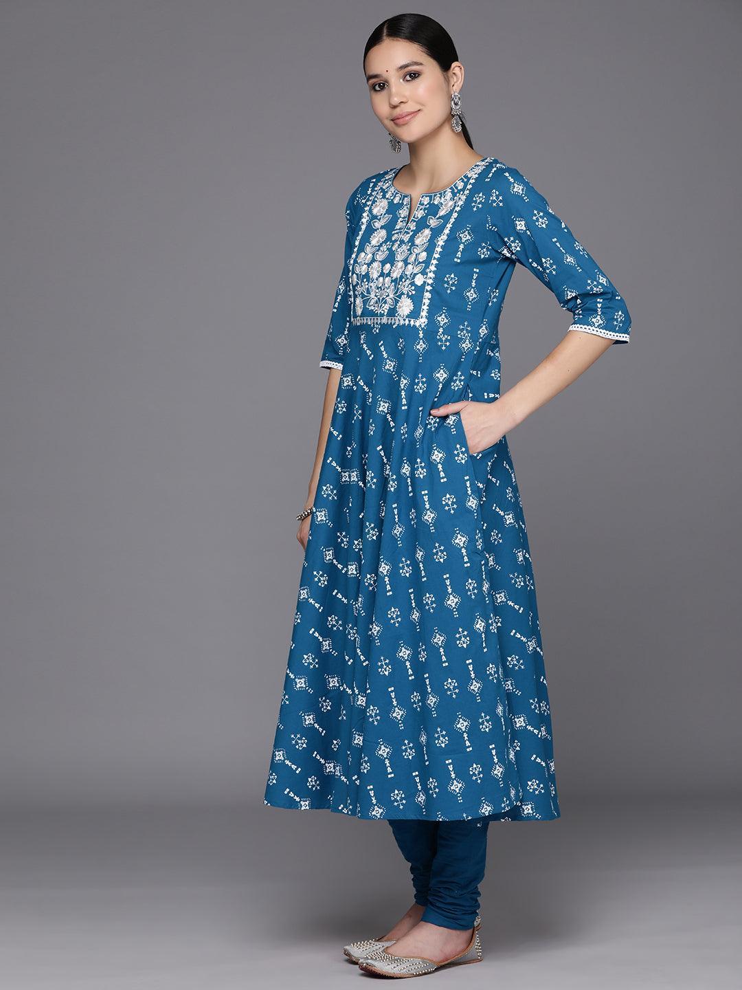 Blue Yoke Design Cotton Anarkali Suit Set With Churidar - Libas