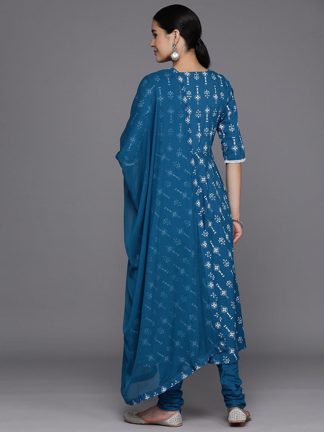 Blue Yoke Design Cotton Anarkali Kurta With Churidar & Dupatta