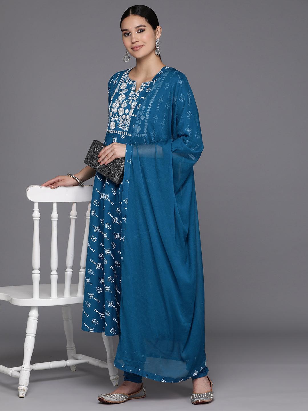 Blue Yoke Design Cotton Anarkali Kurta With Churidar & Dupatta