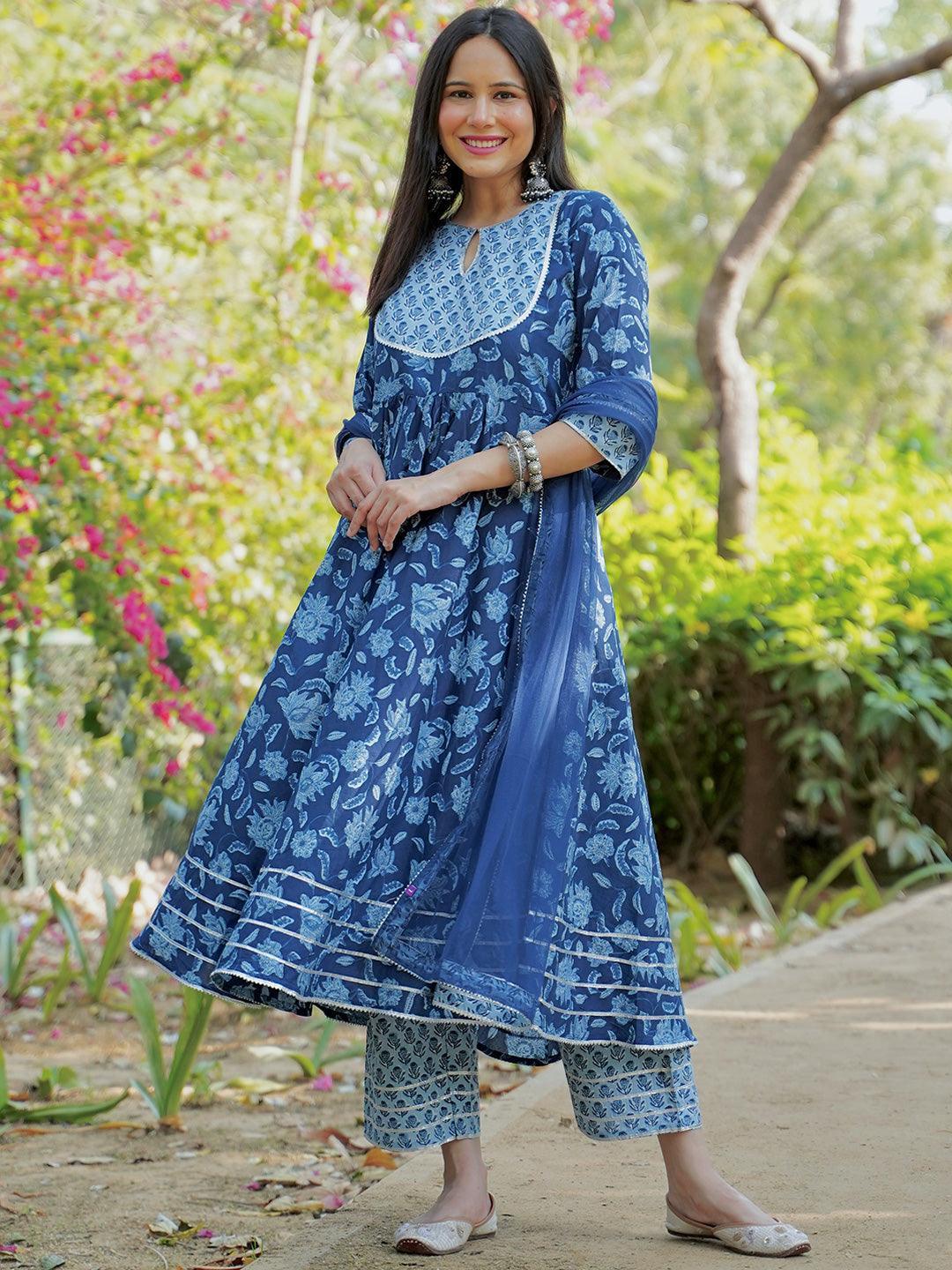 Blue Yoke Design Cotton Anarkali Suit Set With Trousers - ShopLibas