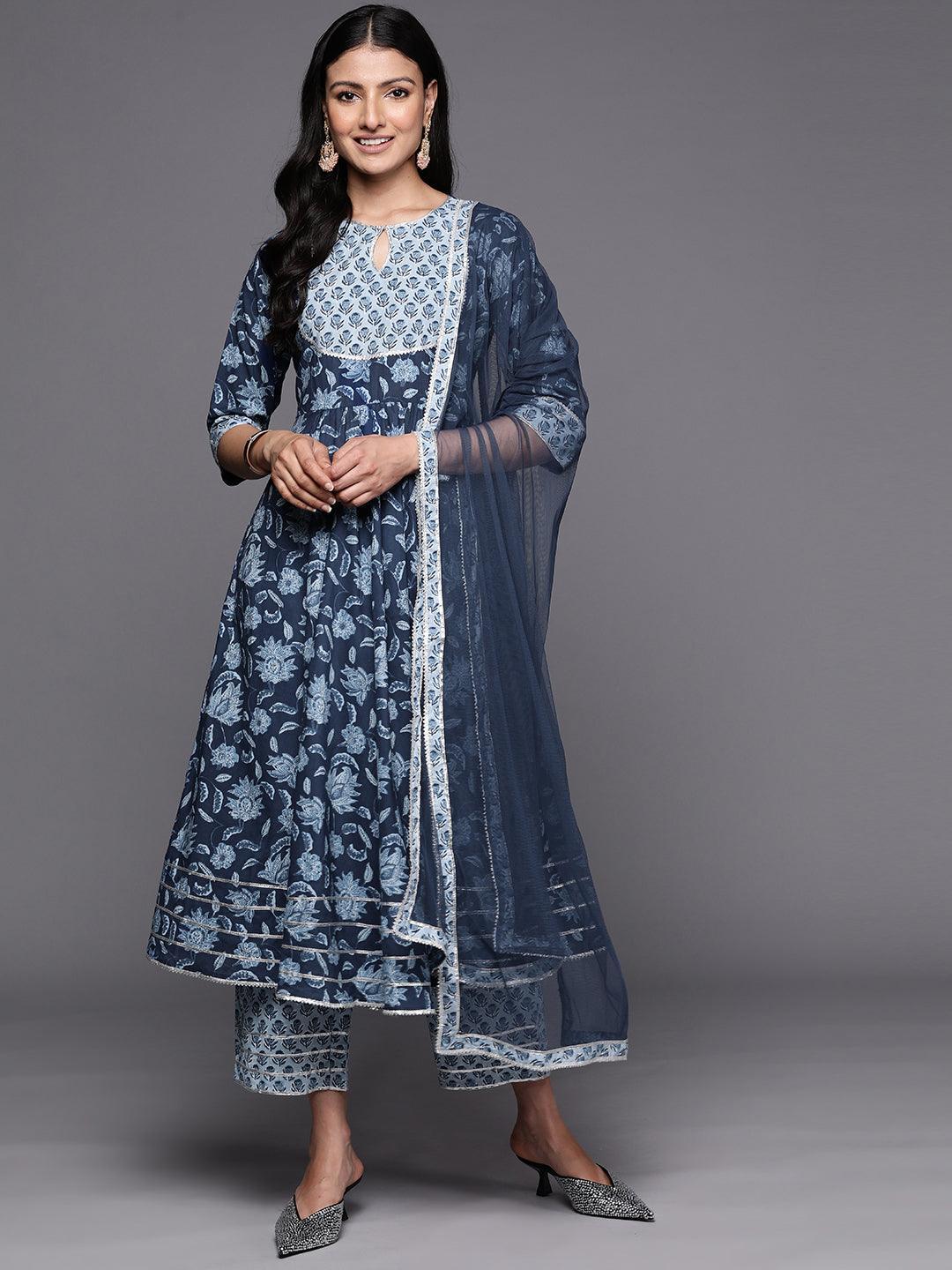 Blue Yoke Design Cotton Anarkali Suit Set With Trousers - ShopLibas