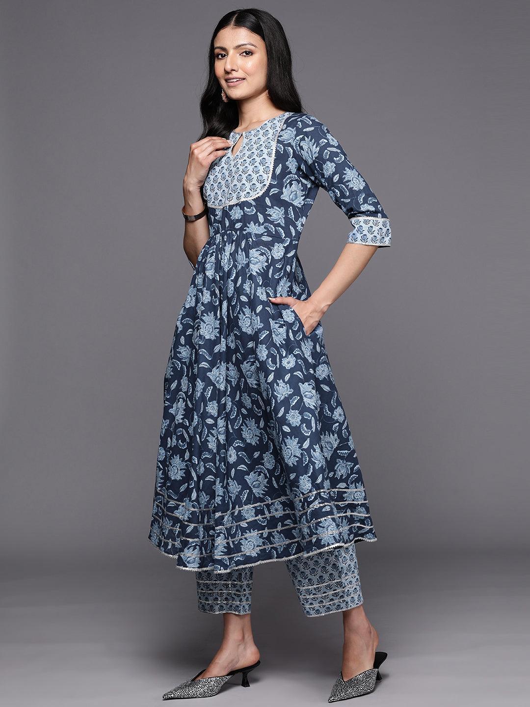 Blue Yoke Design Cotton Anarkali Suit Set With Trousers - ShopLibas