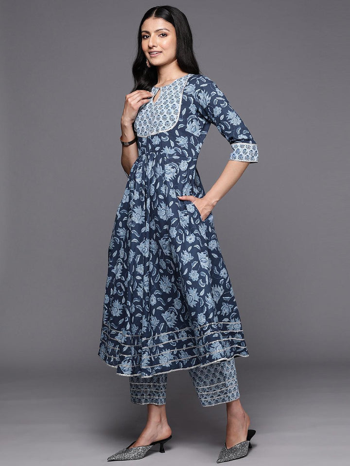 Blue Yoke Design Cotton Anarkali Suit Set With Trousers - ShopLibas