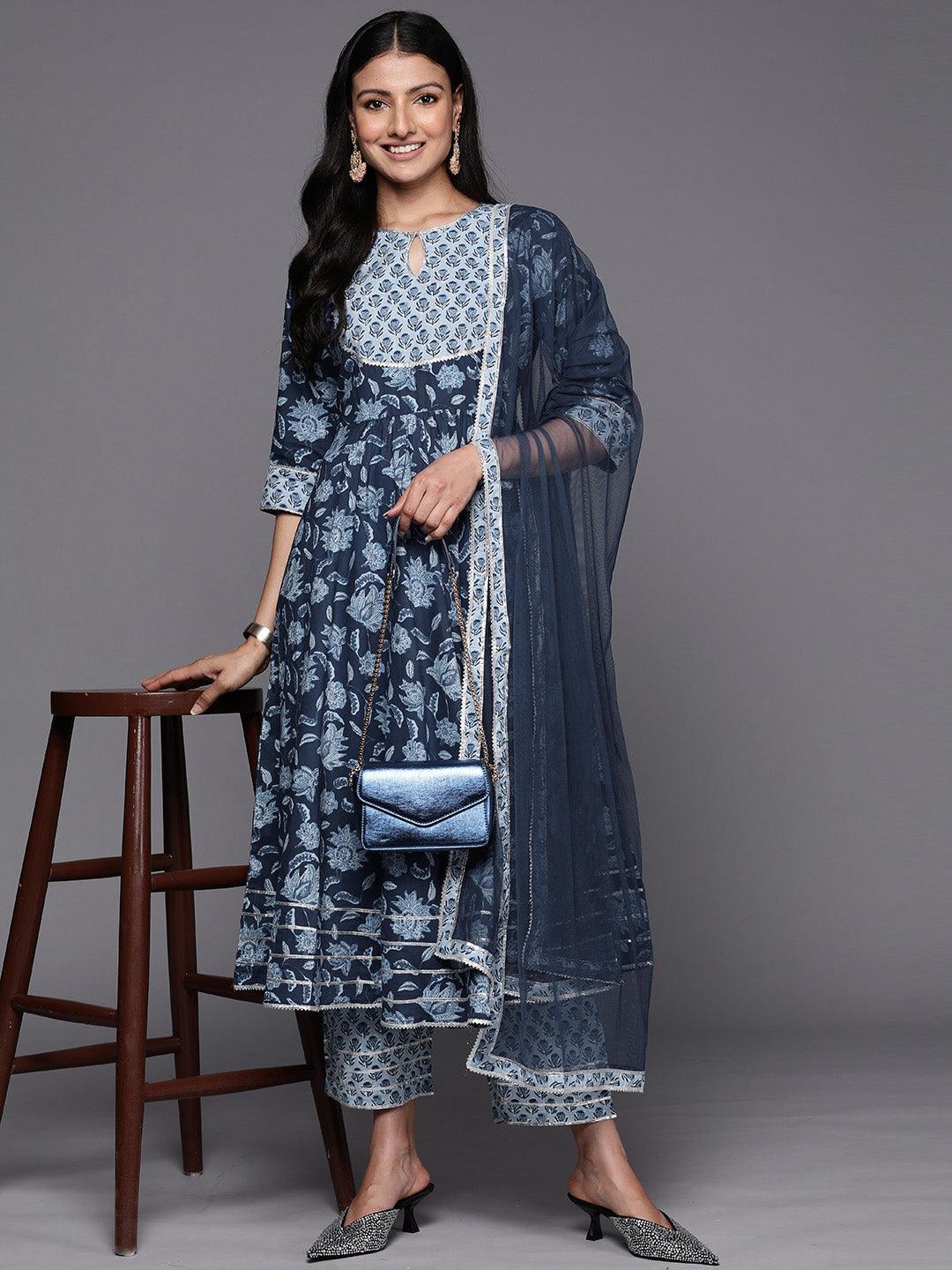 Blue Yoke Design Cotton Anarkali Suit Set With Trousers - ShopLibas