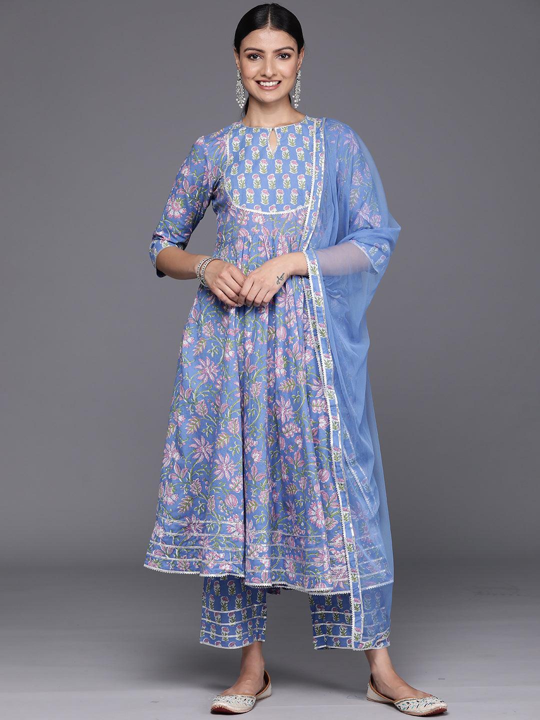 Blue Yoke Design Cotton Anarkali Kurta With Trousers & Dupatta - Libas