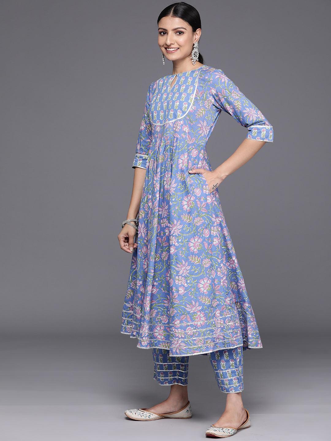 Blue Yoke Design Cotton Anarkali Kurta With Trousers & Dupatta