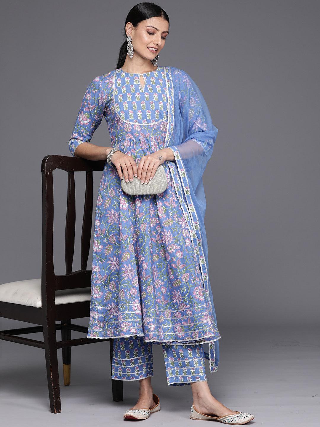 Blue Yoke Design Cotton Anarkali Kurta With Trousers & Dupatta - Libas