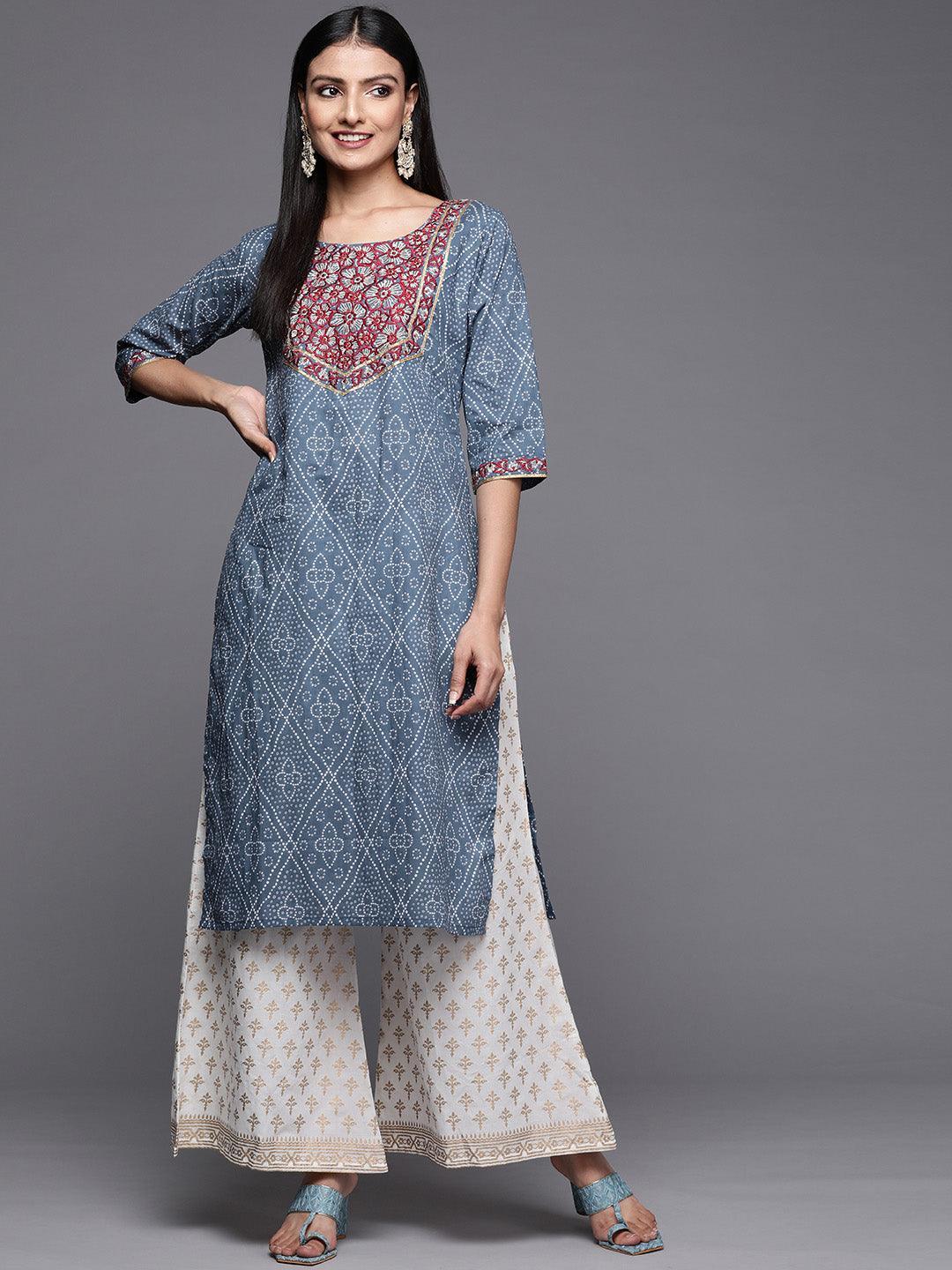 Blue Yoke Design Cotton Straight Kurta