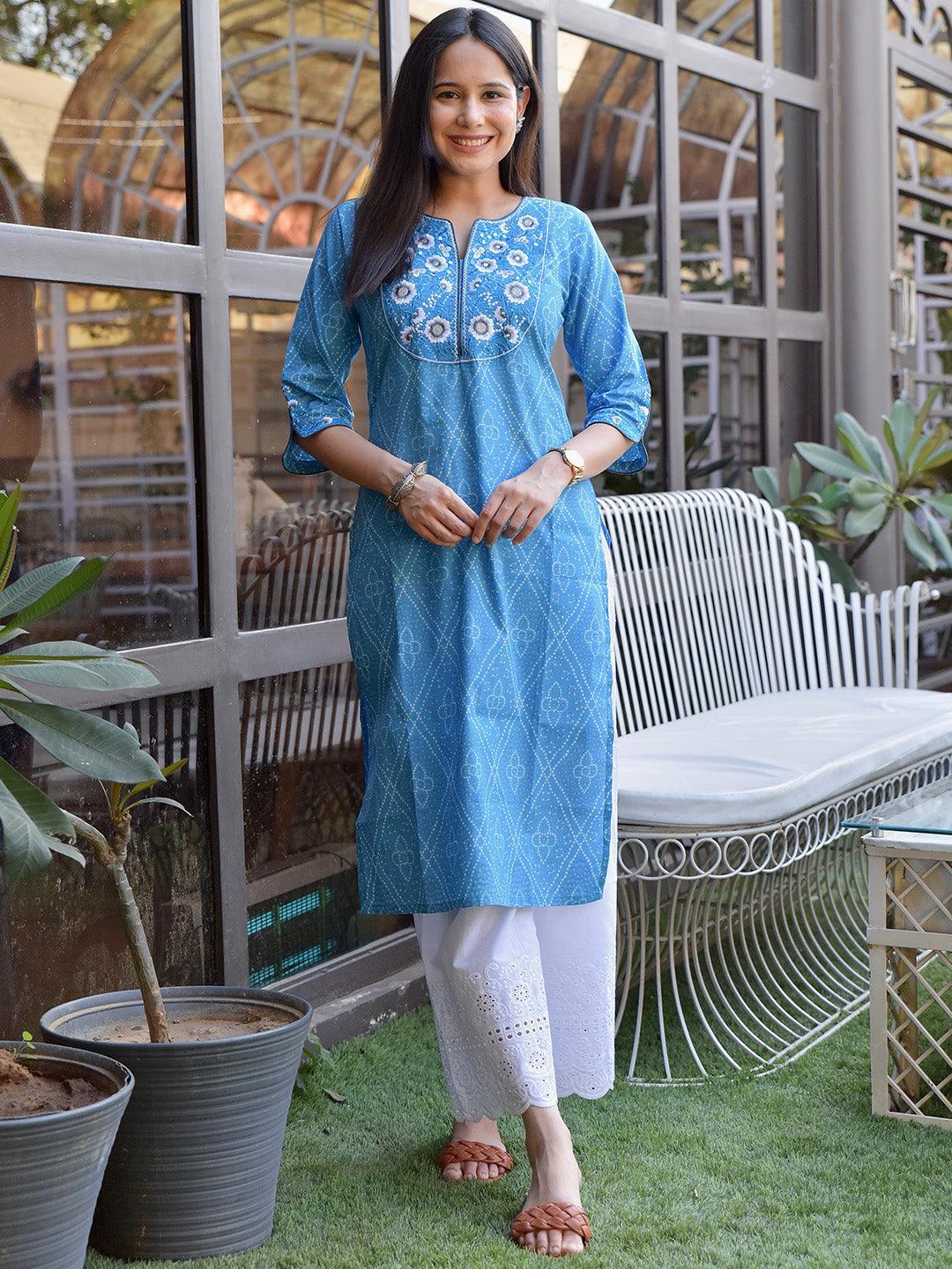 Blue Yoke Design Cotton Straight Kurta