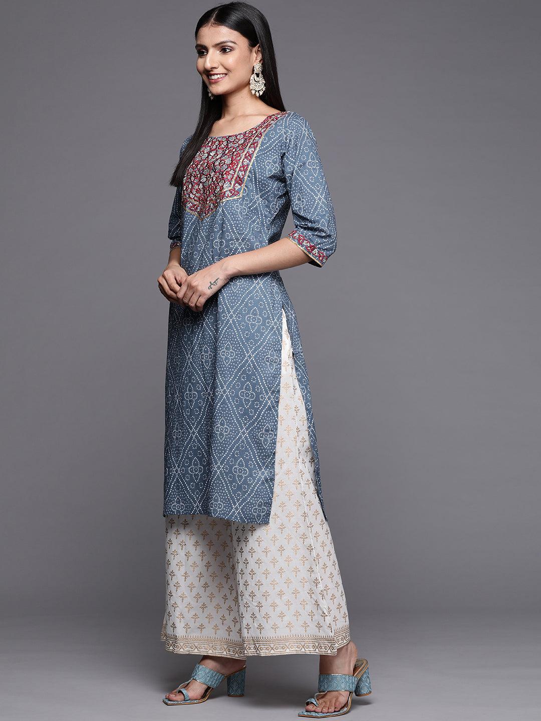 Blue Yoke Design Cotton Straight Kurta