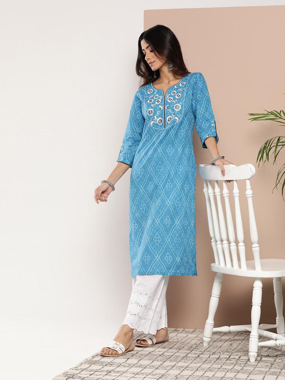 Blue Yoke Design Cotton Straight Kurta