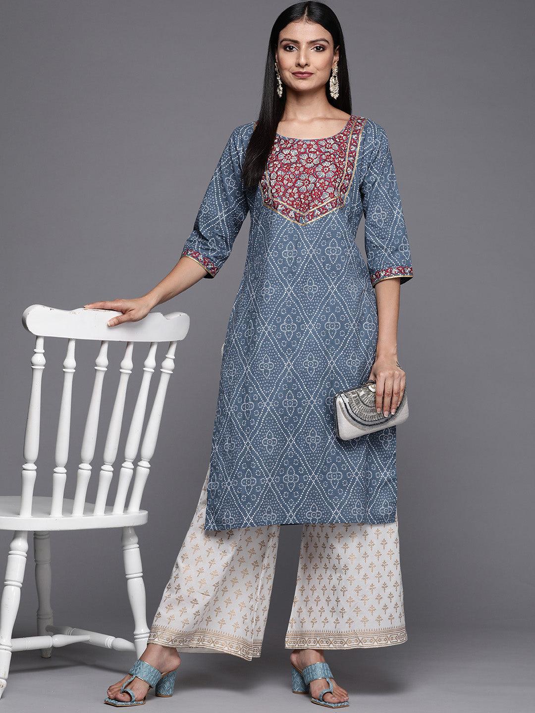 Blue Yoke Design Cotton Straight Kurta