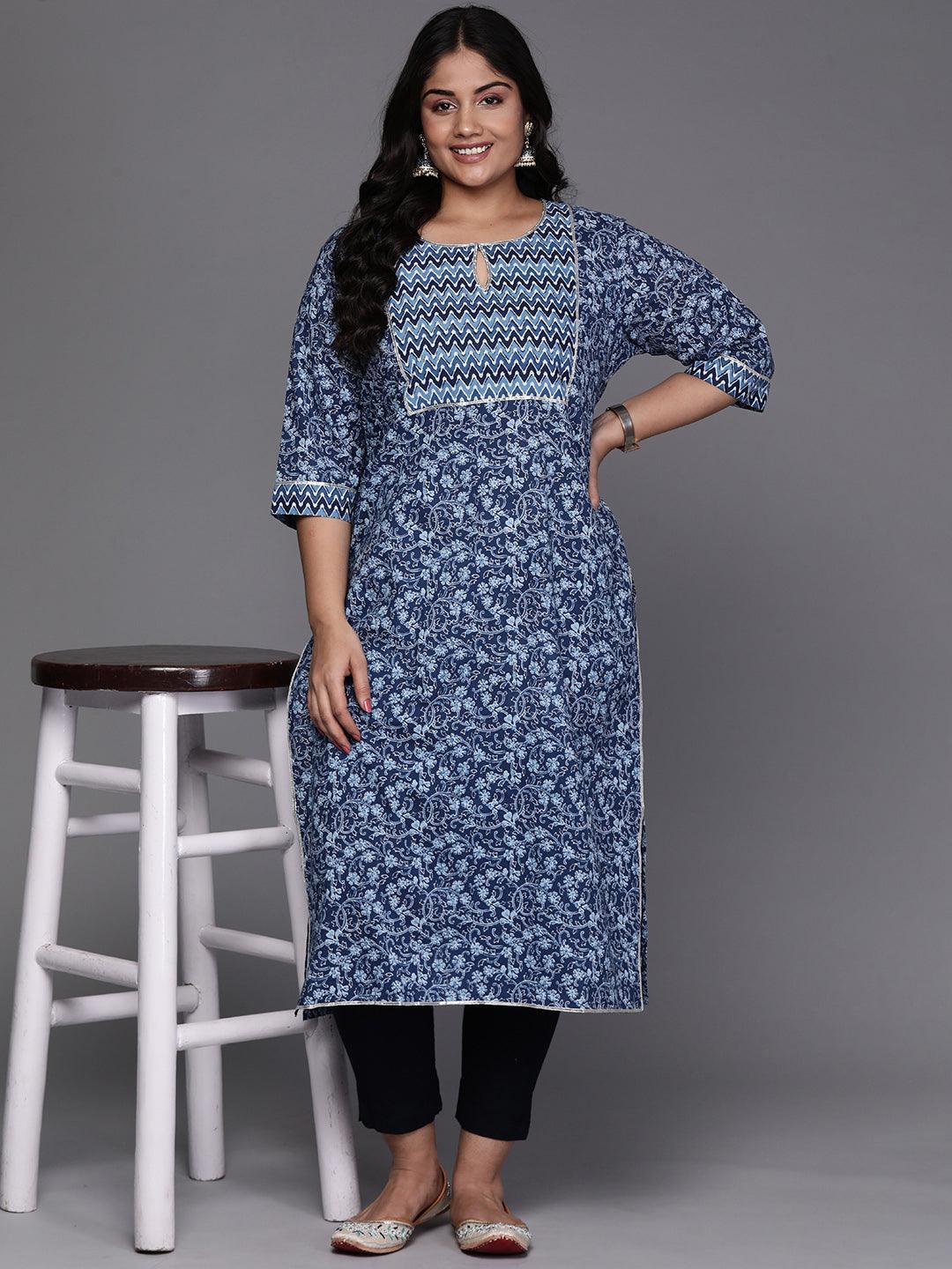 Blue Yoke Design Cotton Straight Kurta