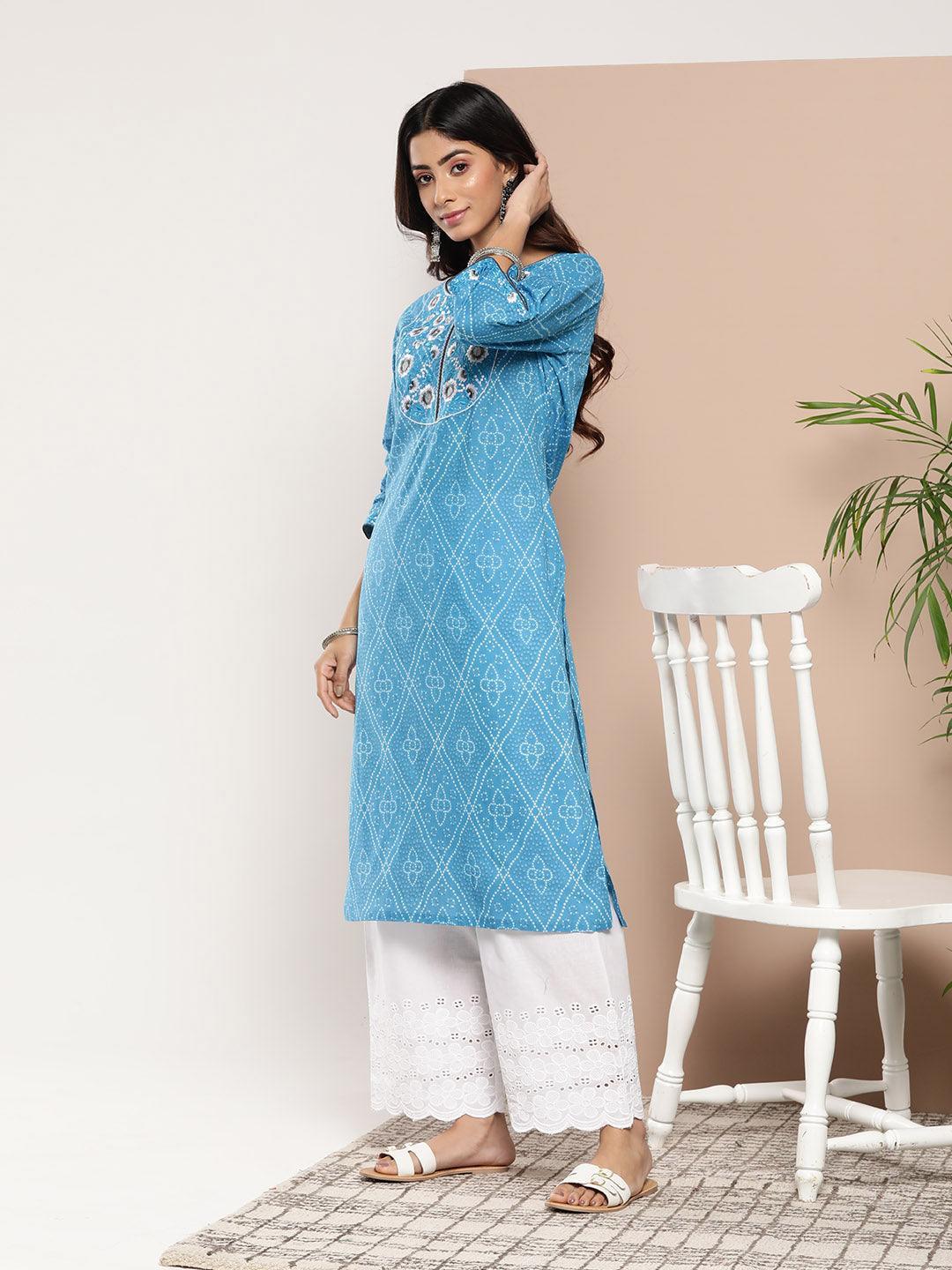 Blue Yoke Design Cotton Straight Kurta