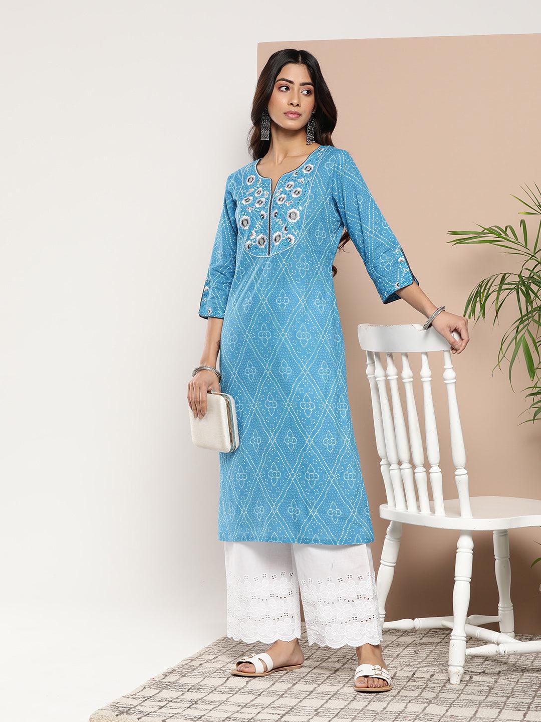 Blue Yoke Design Cotton Straight Kurta