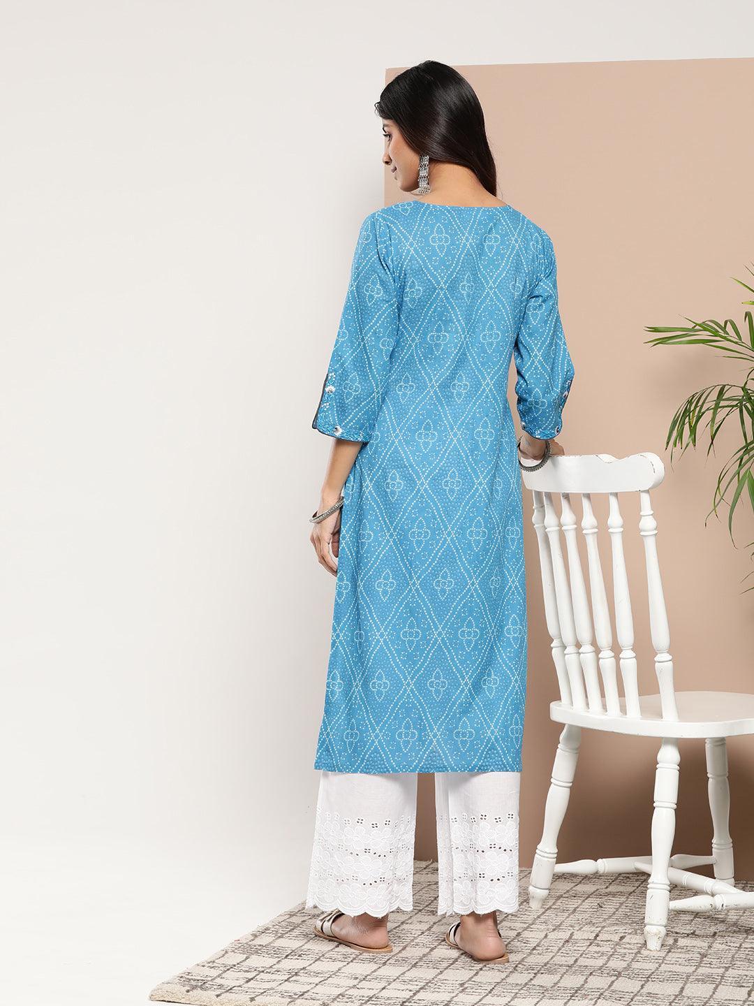 Blue Yoke Design Cotton Straight Kurta