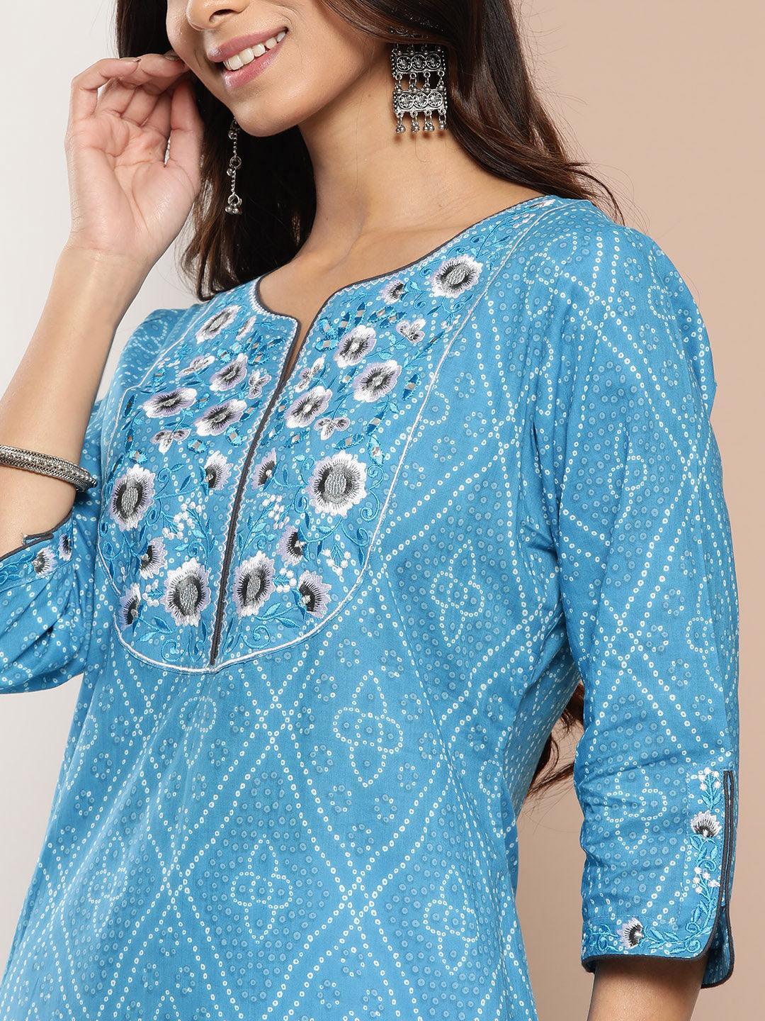 Blue Yoke Design Cotton Straight Kurta