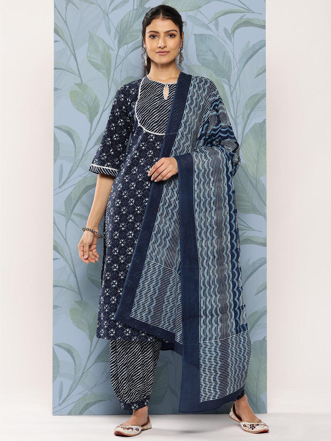 Blue Yoke Design Cotton Straight Kurta With Salwar & Dupatta