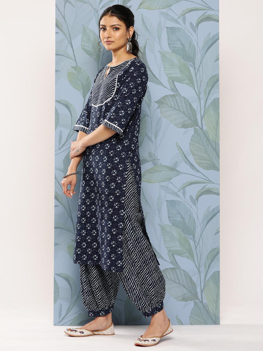 Blue Yoke Design Cotton Straight Kurta With Salwar & Dupatta