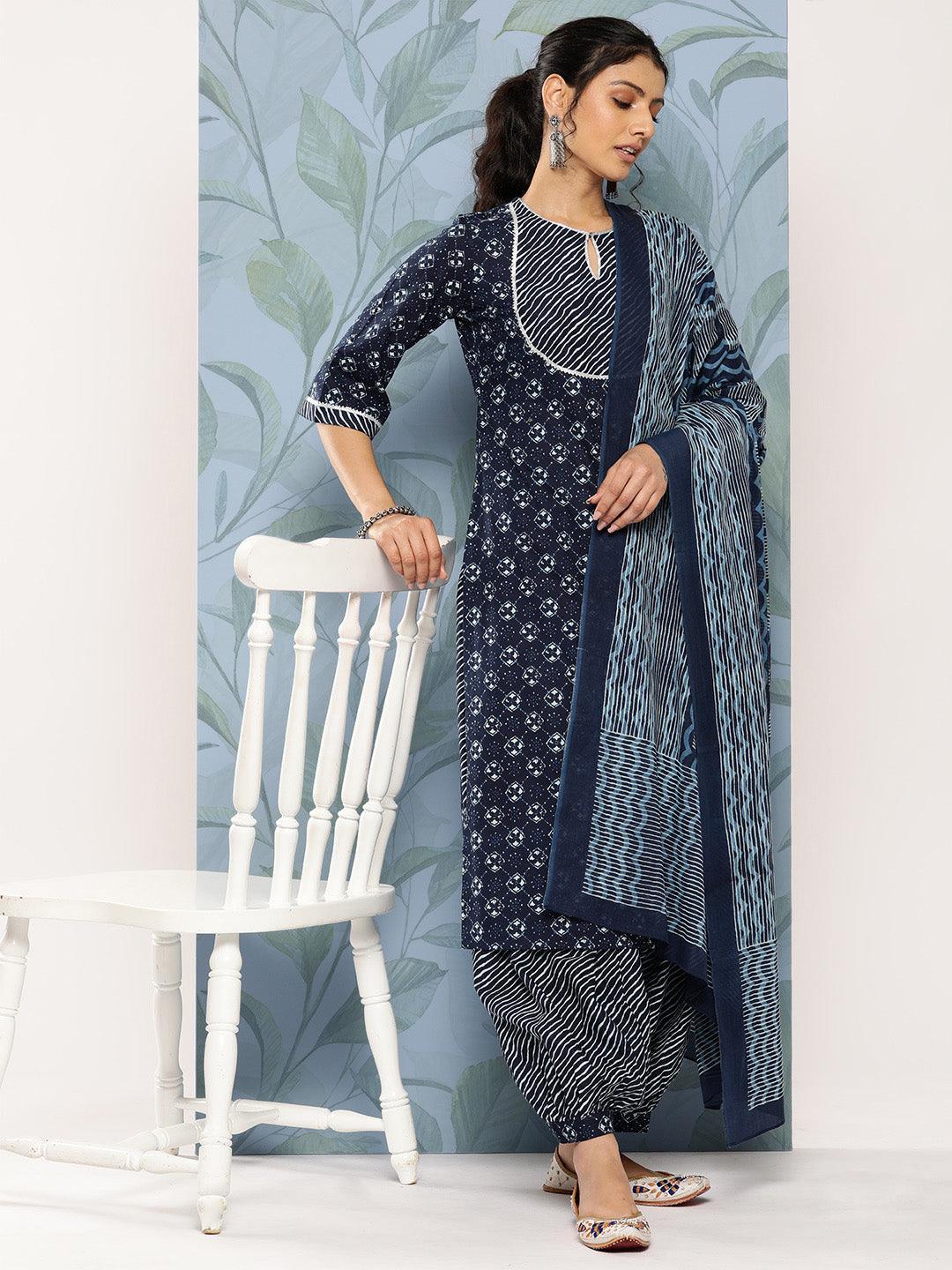 Blue Yoke Design Cotton Straight Kurta With Salwar & Dupatta