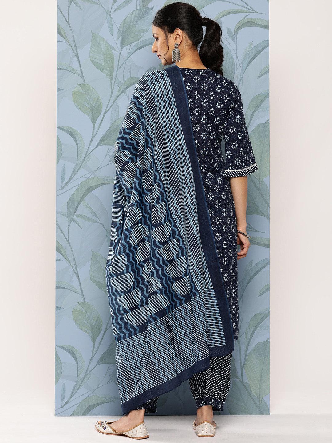 Blue Yoke Design Cotton Straight Kurta With Salwar & Dupatta