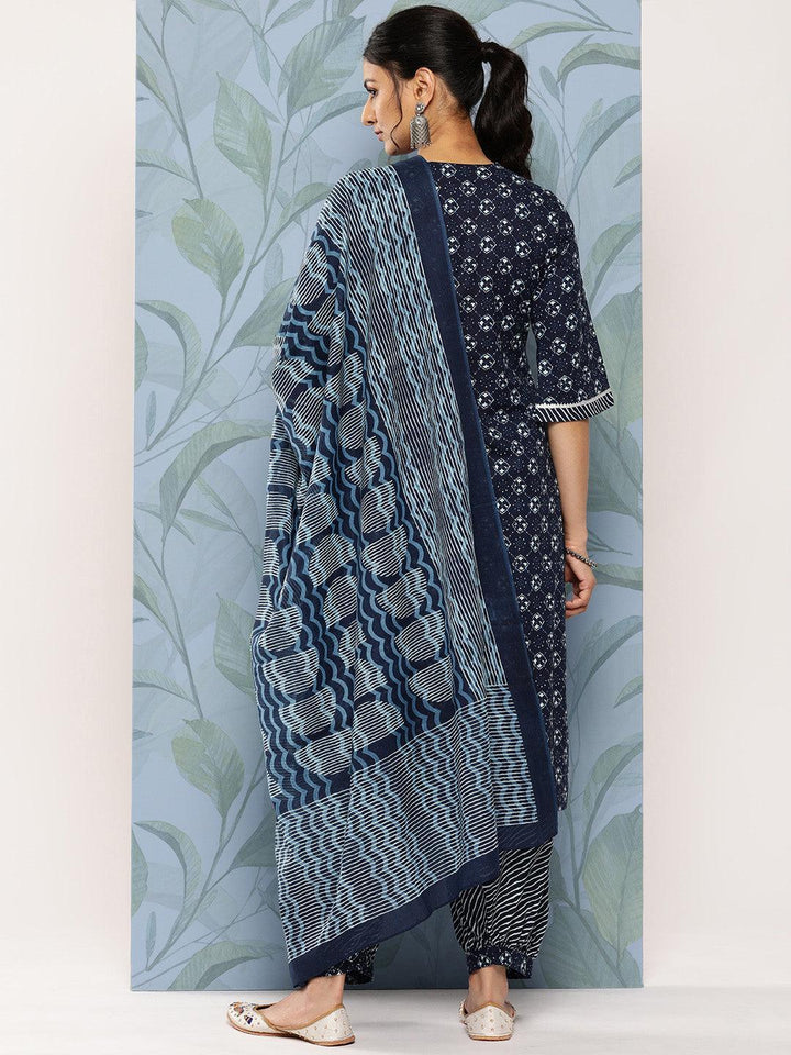 Blue Yoke Design Cotton Straight Suit Set With Salwar - Libas