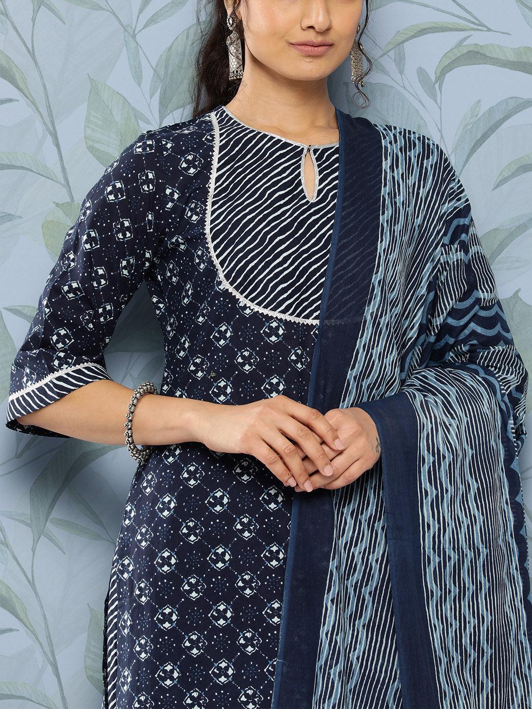 Blue Yoke Design Cotton Straight Kurta With Salwar & Dupatta