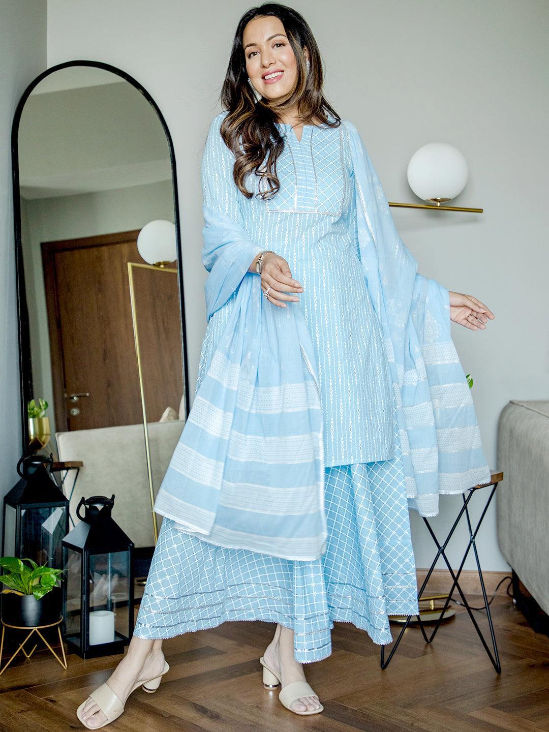 Blue Yoke Design Cotton Straight Suit Set