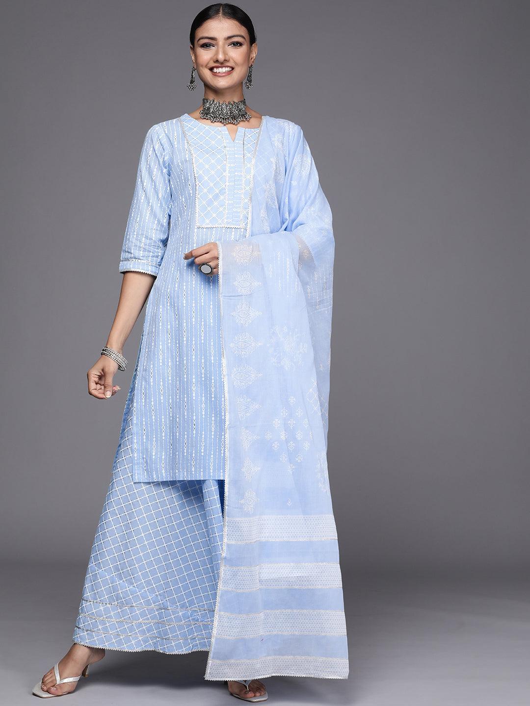 Blue Yoke Design Cotton Straight Suit Set