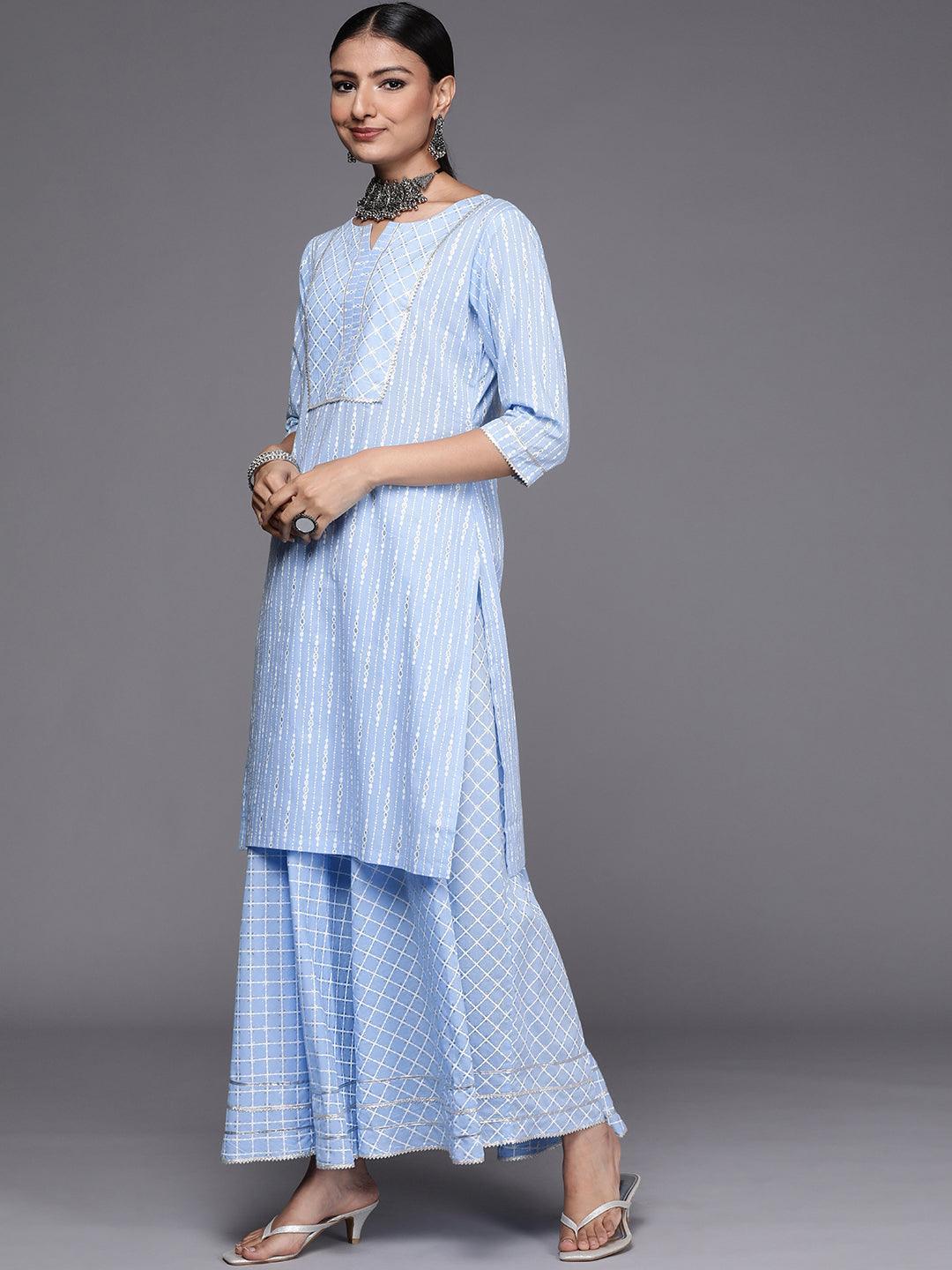 Blue Yoke Design Cotton Straight Suit Set