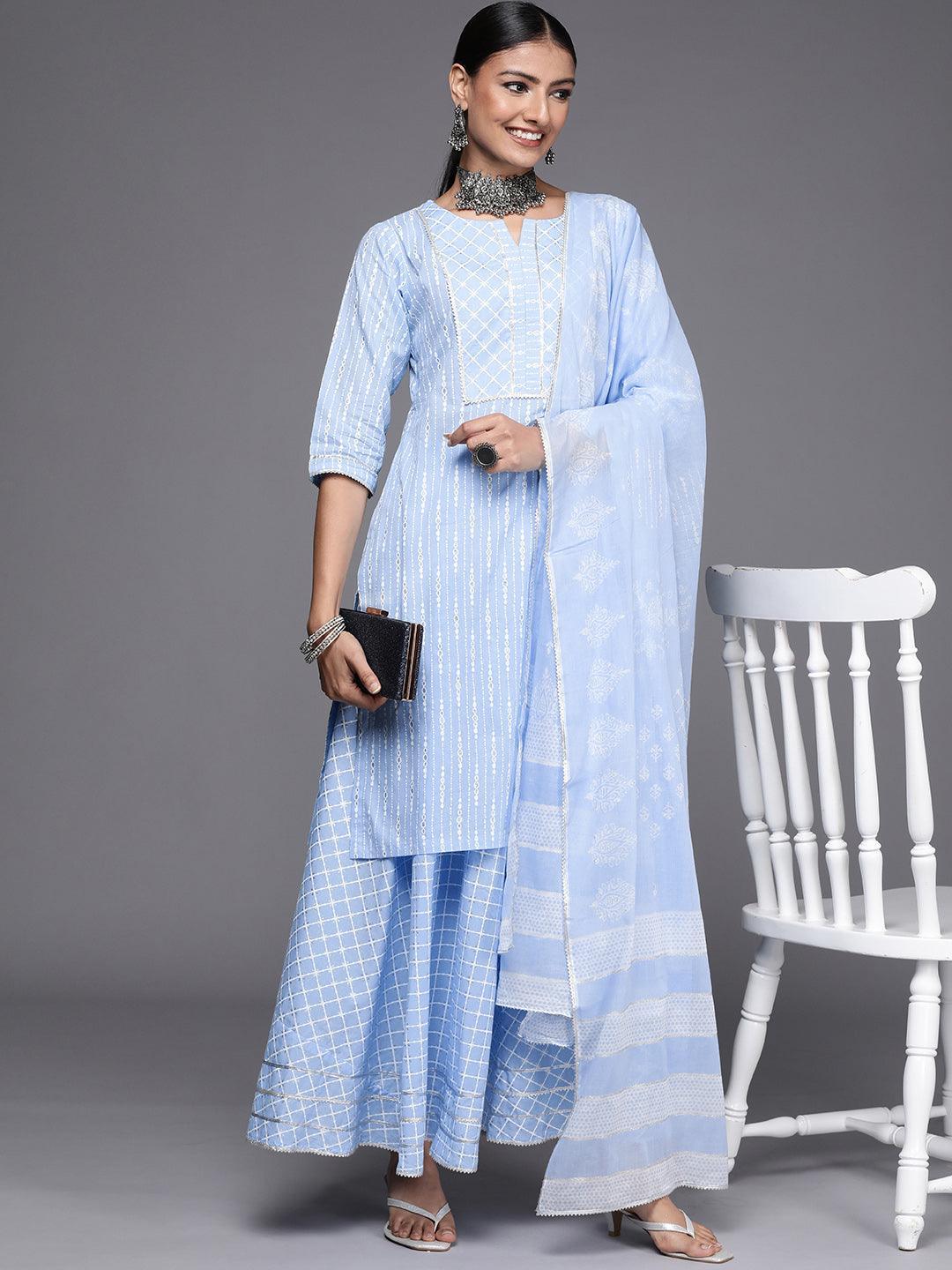 Blue Yoke Design Cotton Straight Suit Set