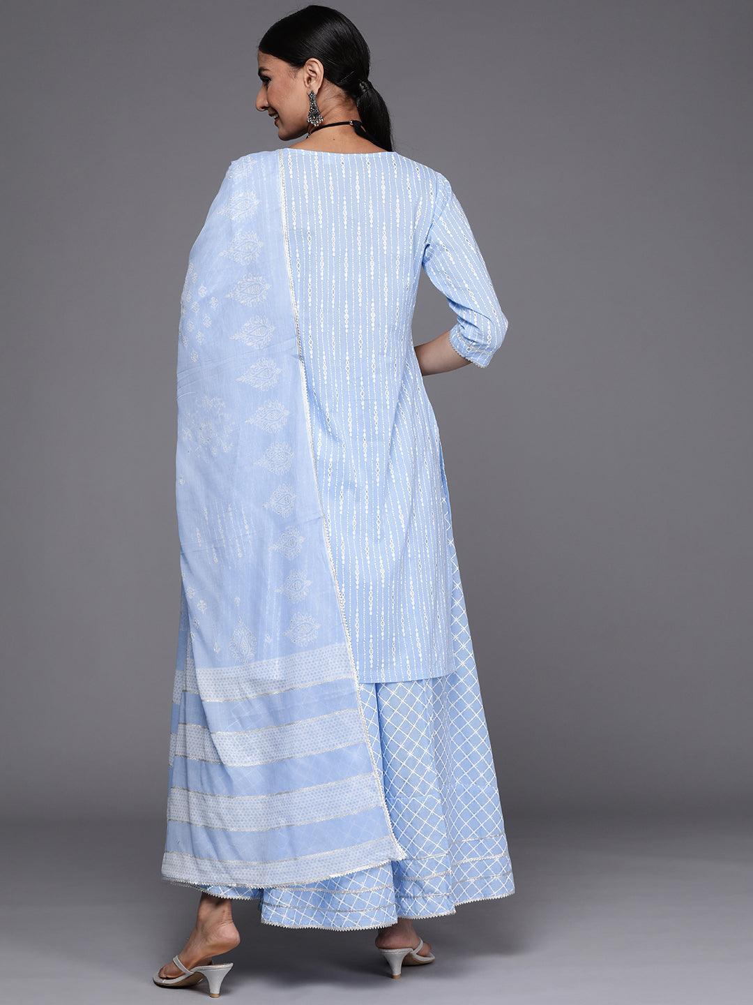 Blue Yoke Design Cotton Straight Suit Set