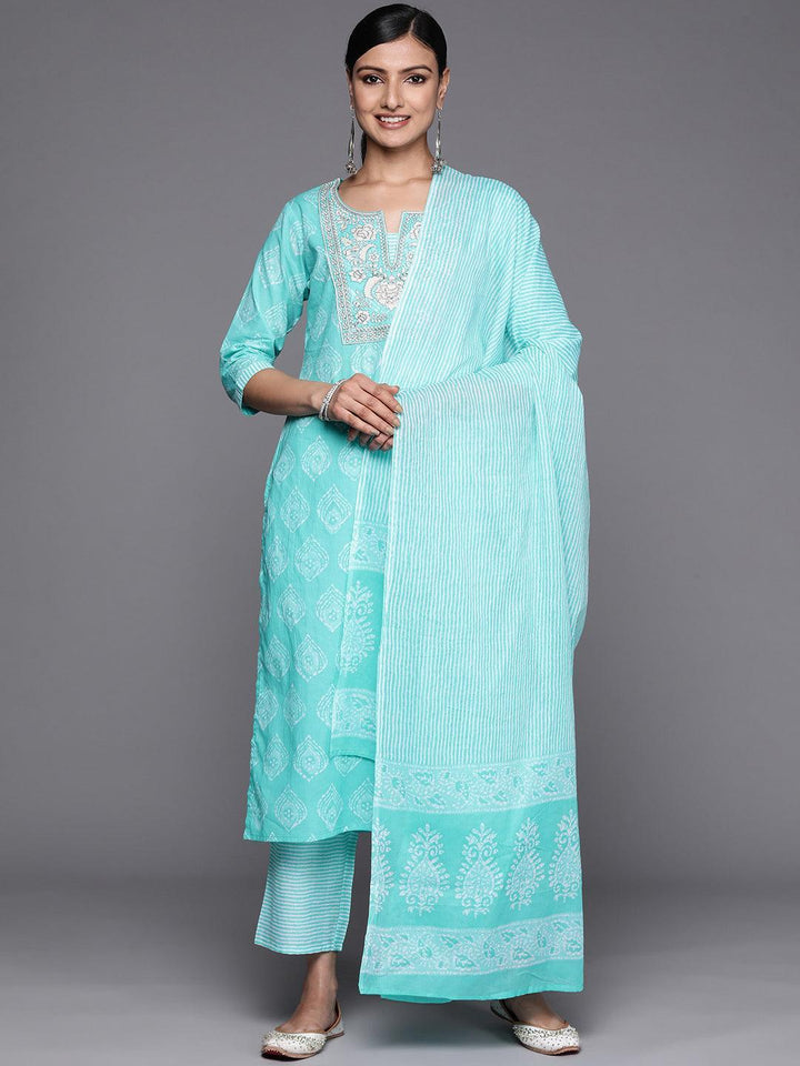 Blue Yoke Design Cotton Straight Suit Set With Trousers - ShopLibas