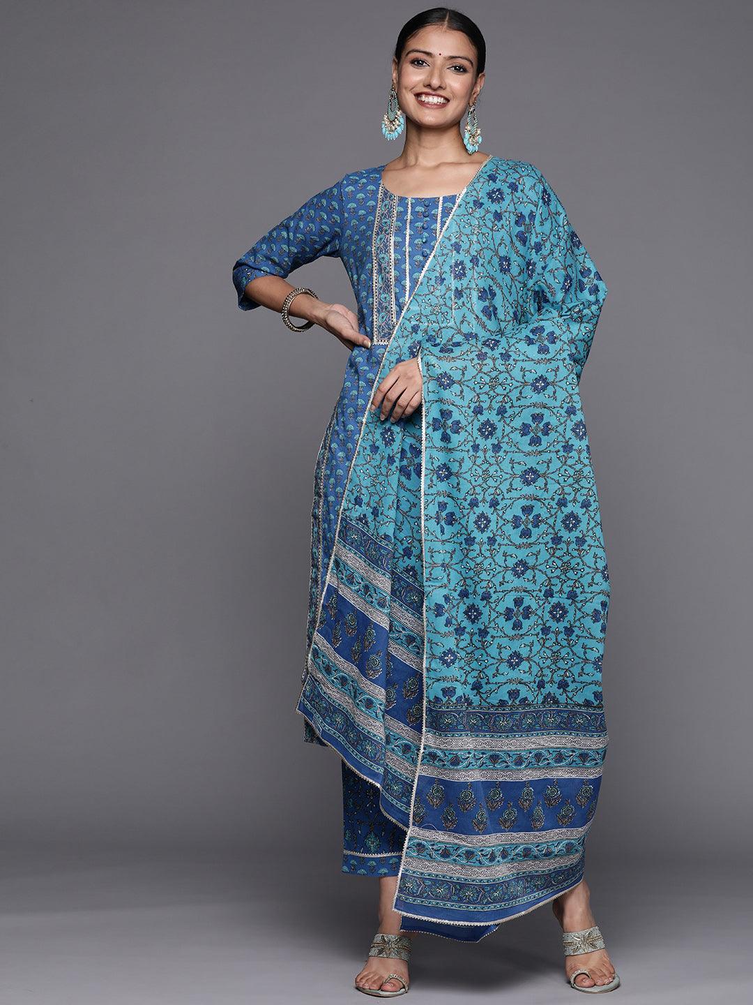 Blue Yoke Design Cotton Straight Suit Set