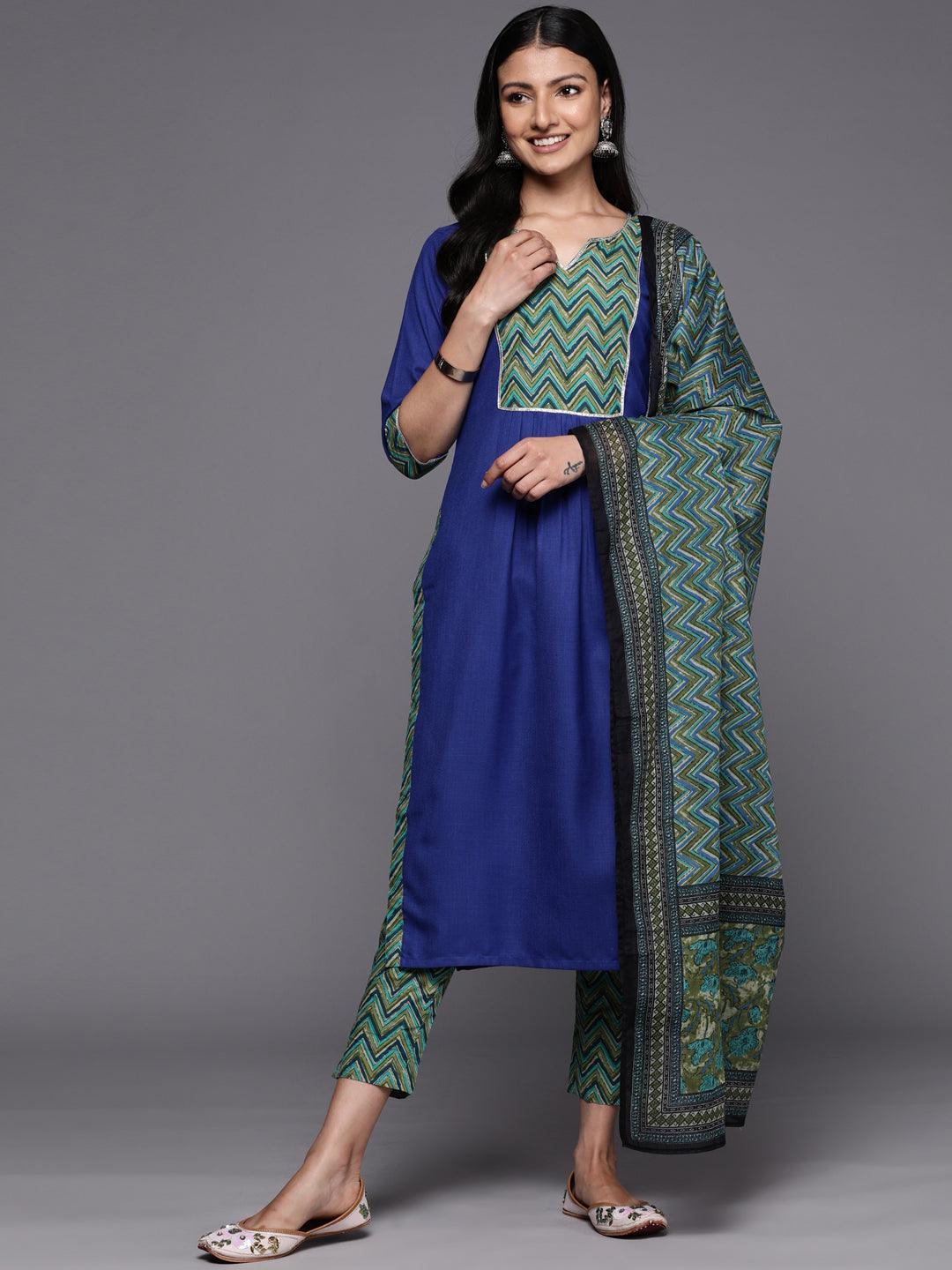 Blue Yoke Design Cotton Straight Suit Set With Trousers