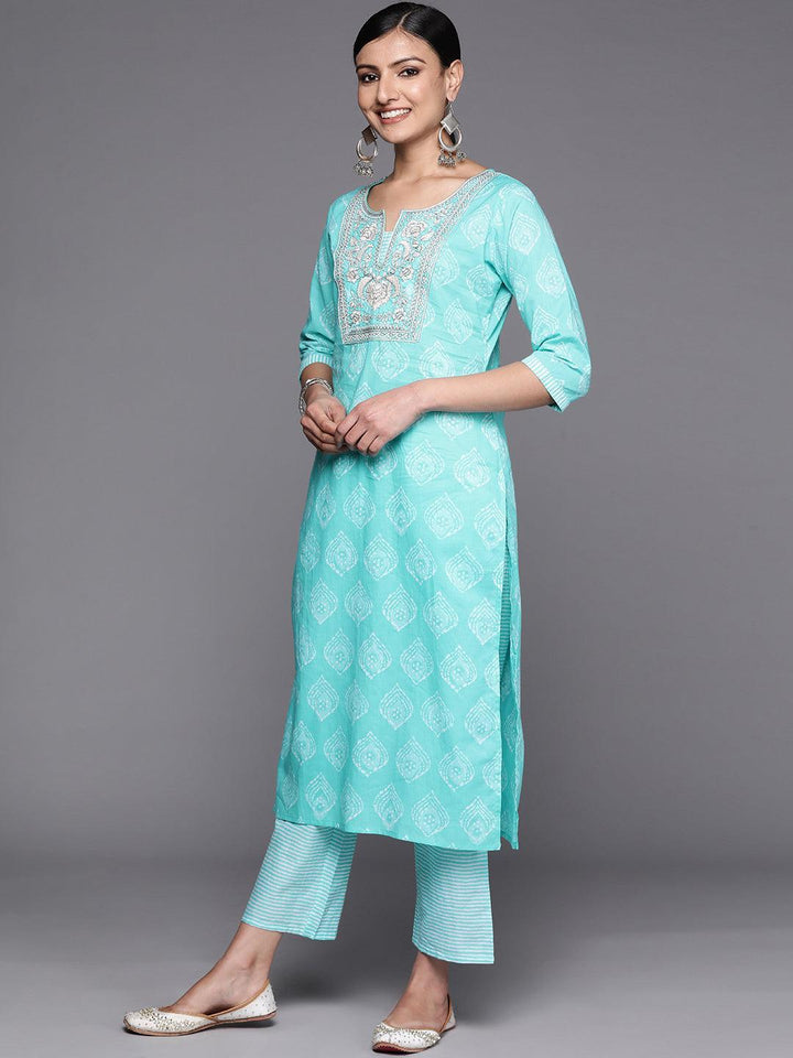 Blue Yoke Design Cotton Straight Suit Set With Trousers - ShopLibas