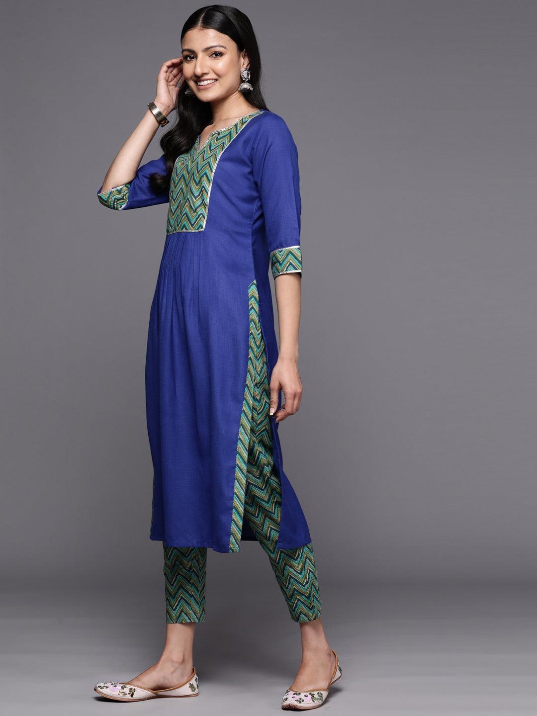 Blue Yoke Design Cotton Straight Suit Set With Trousers