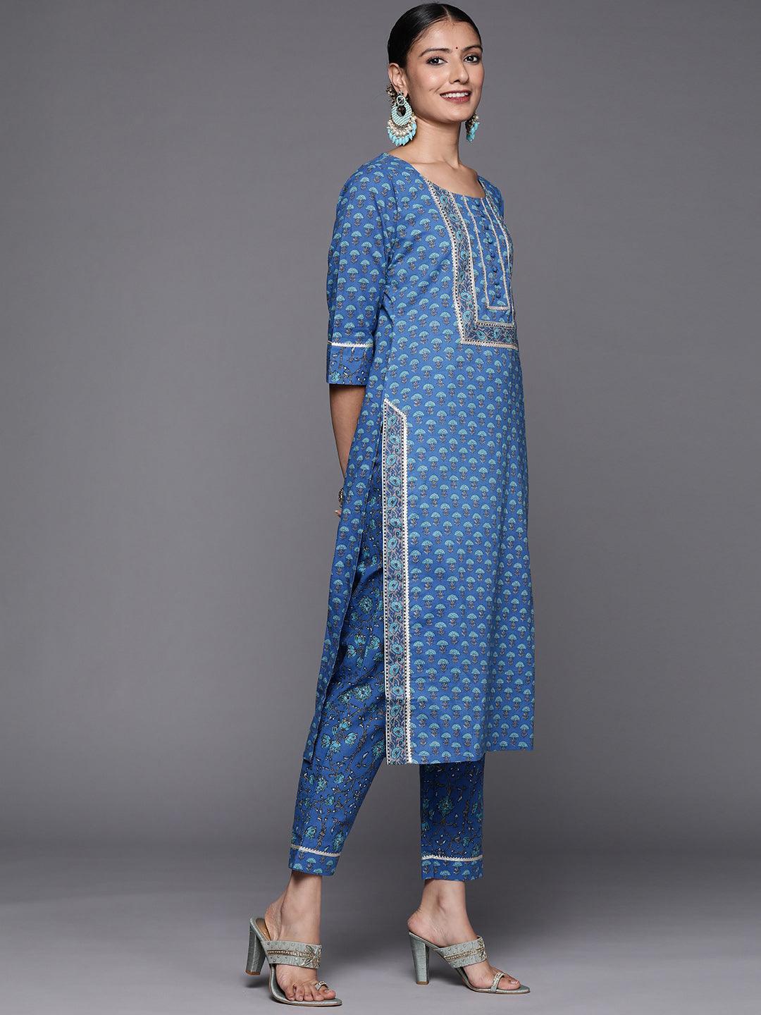 Blue Yoke Design Cotton Straight Suit Set