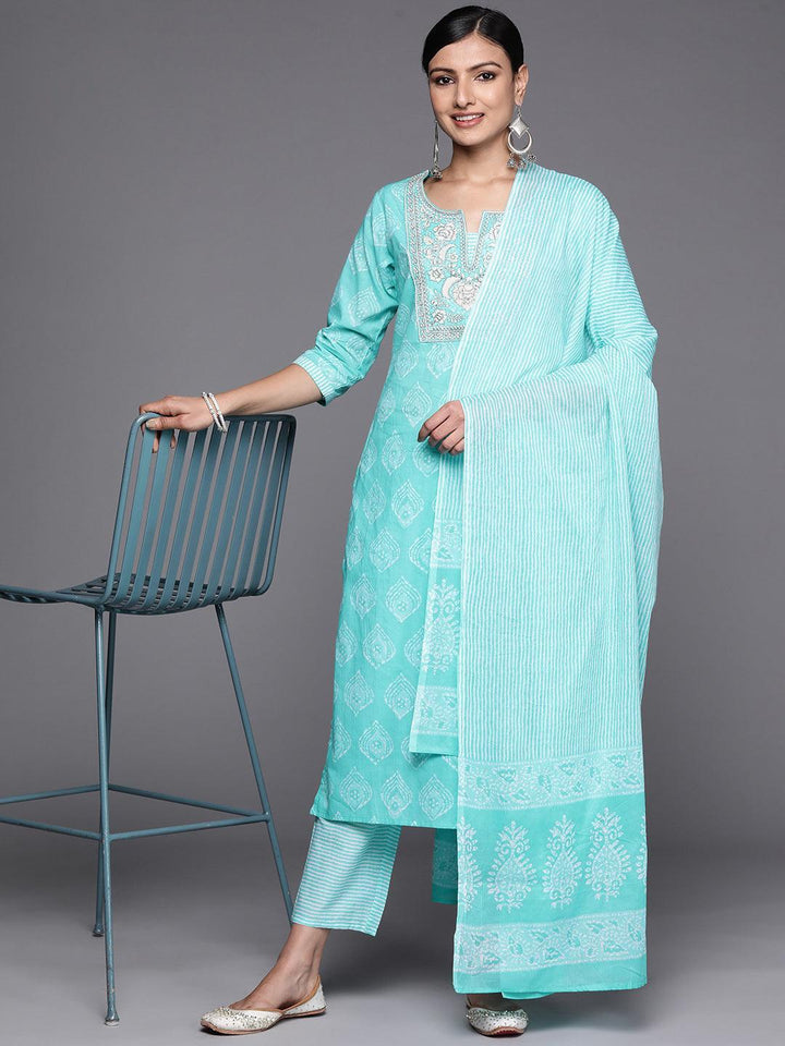 Blue Yoke Design Cotton Straight Suit Set With Trousers - ShopLibas