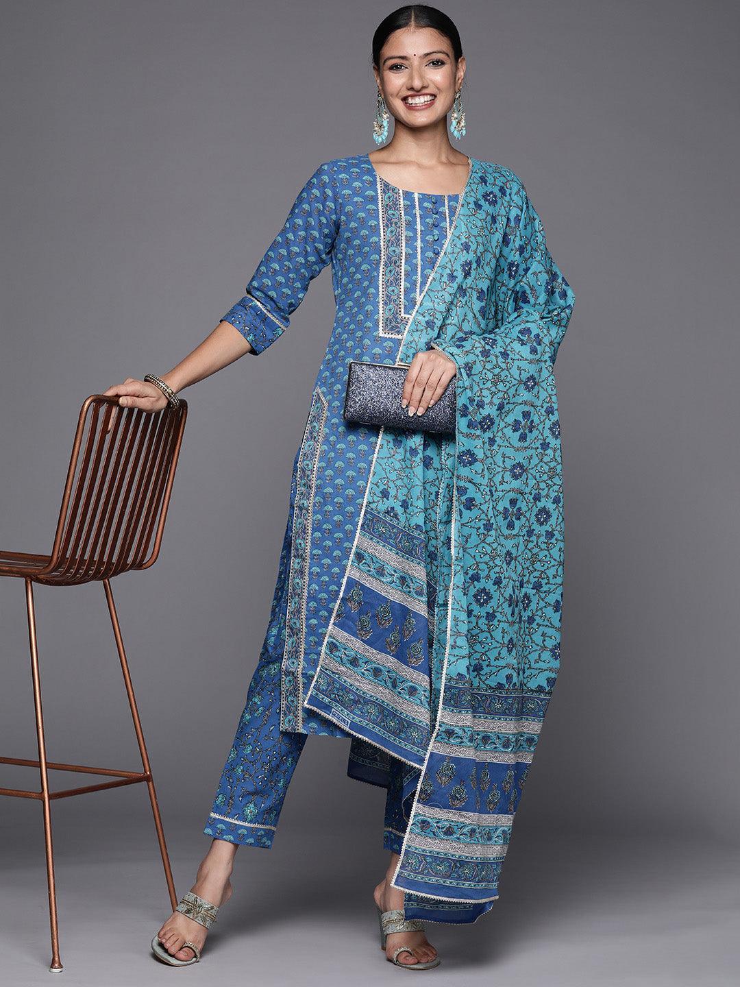 Blue Yoke Design Cotton Straight Suit Set