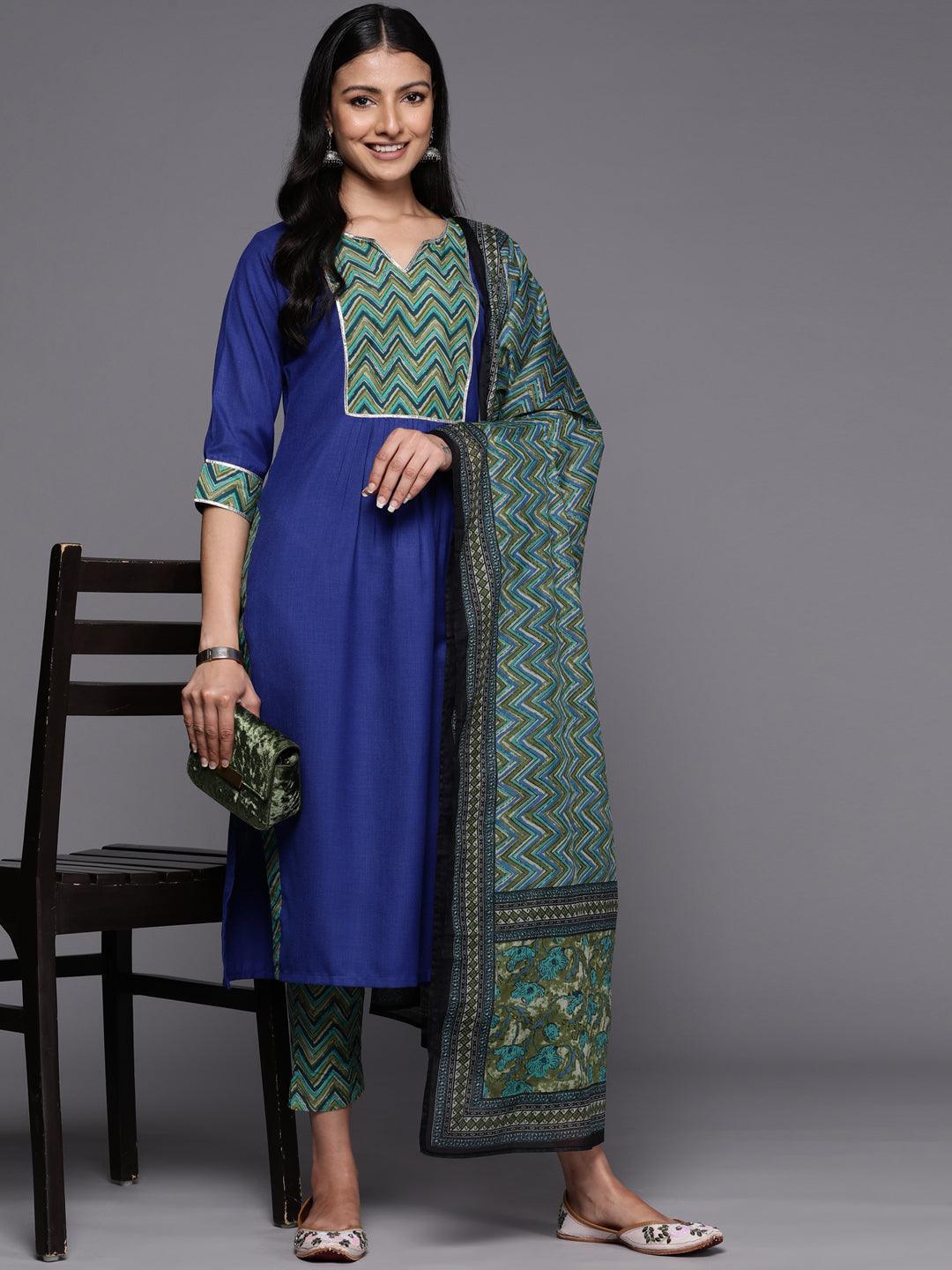 Blue Yoke Design Cotton Straight Suit Set With Trousers