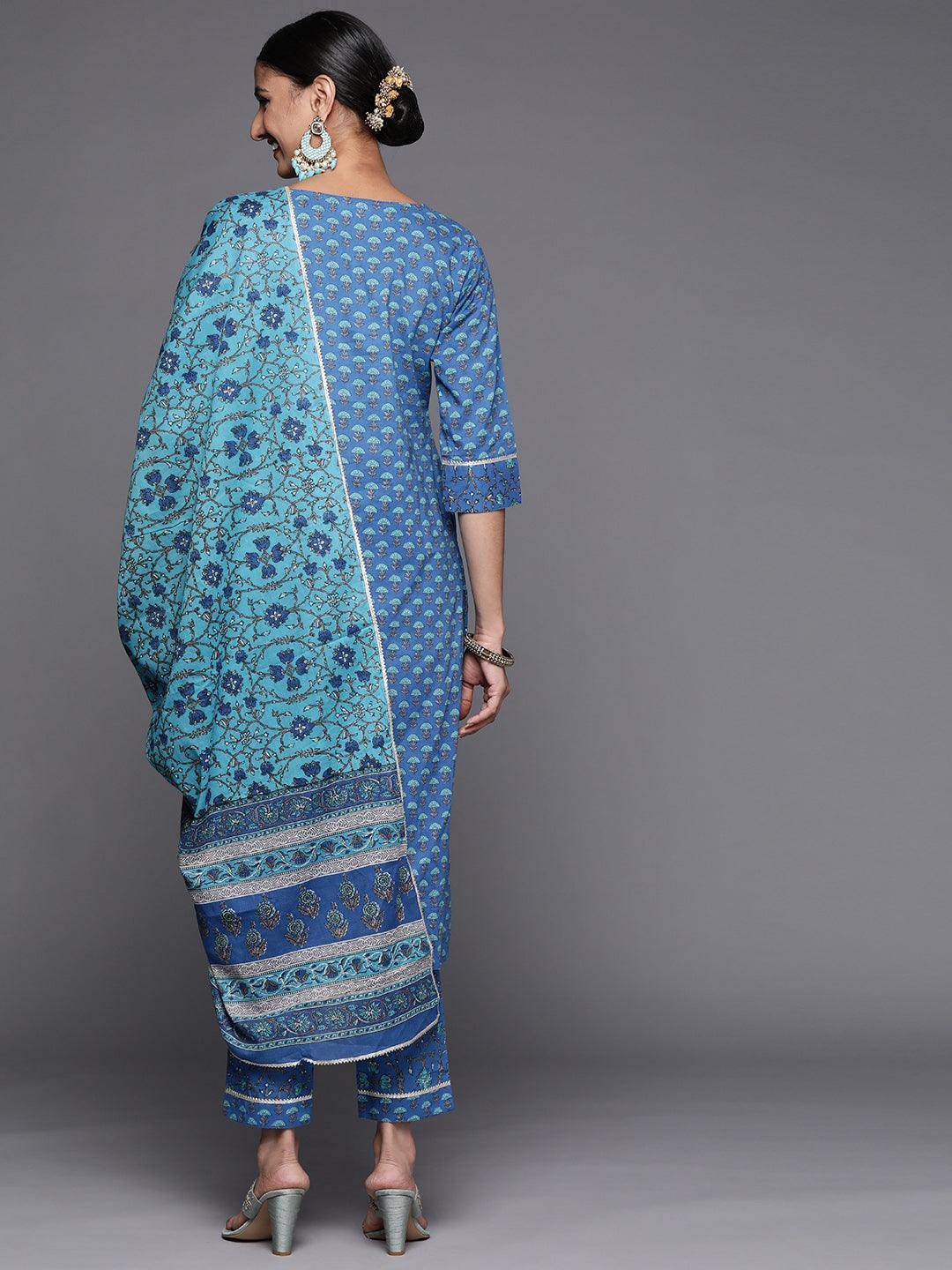 Blue Yoke Design Cotton Straight Suit Set